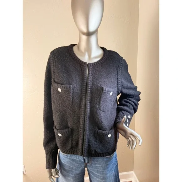 A Loves A Black Knit Lady Jacket Cardigan Jewel Buttons Old Money Chanel Style - Picture 1 of 6